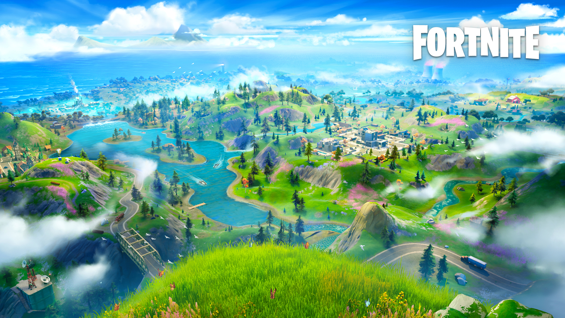 Paisaje de Fortnite capítulo 2. Fondo virtual gratuito para Zoom, Microsoft Teams, Skype, Google Meet, WebEx o cualquier otra aplicación compatible.