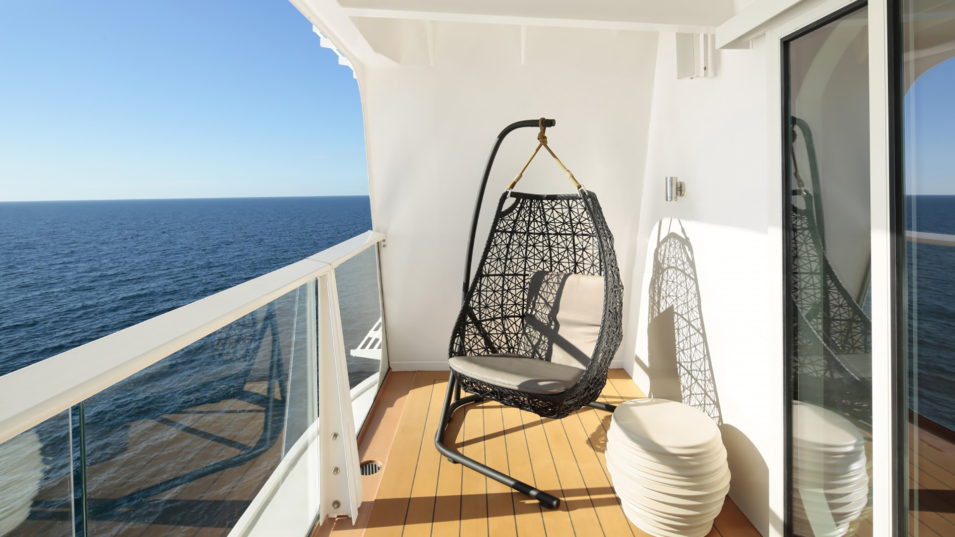 Hanging chair on a cruise balcony. Virtual background to use on Zoom, Microsoft Teams, Skype, Google Meet, WebEx or any other compatible app.