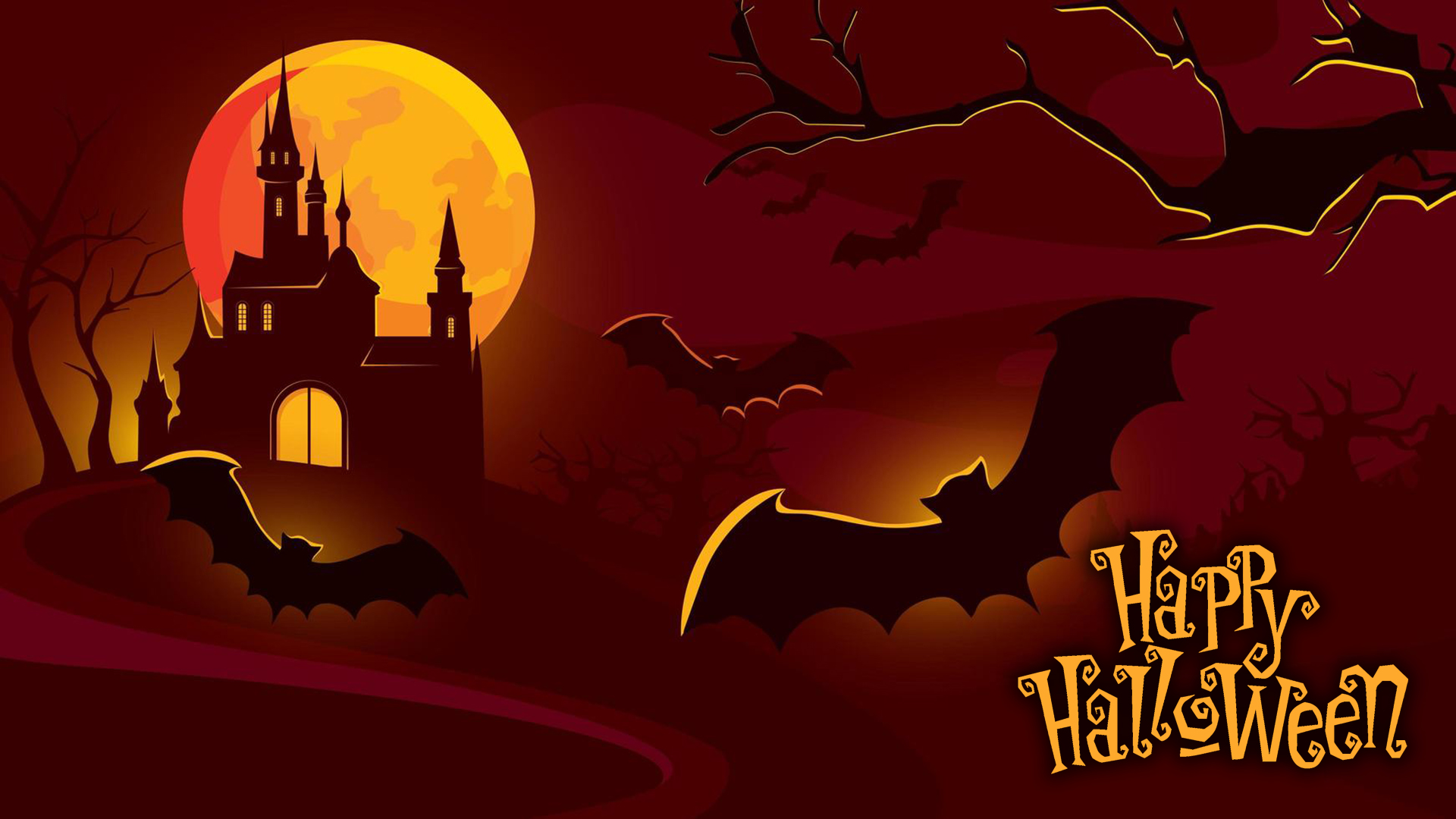 Halloween castillo y murciélagos. Fondo virtual gratuito para Zoom, Microsoft Teams, Skype, Google Meet, WebEx o cualquier otra aplicación compatible.