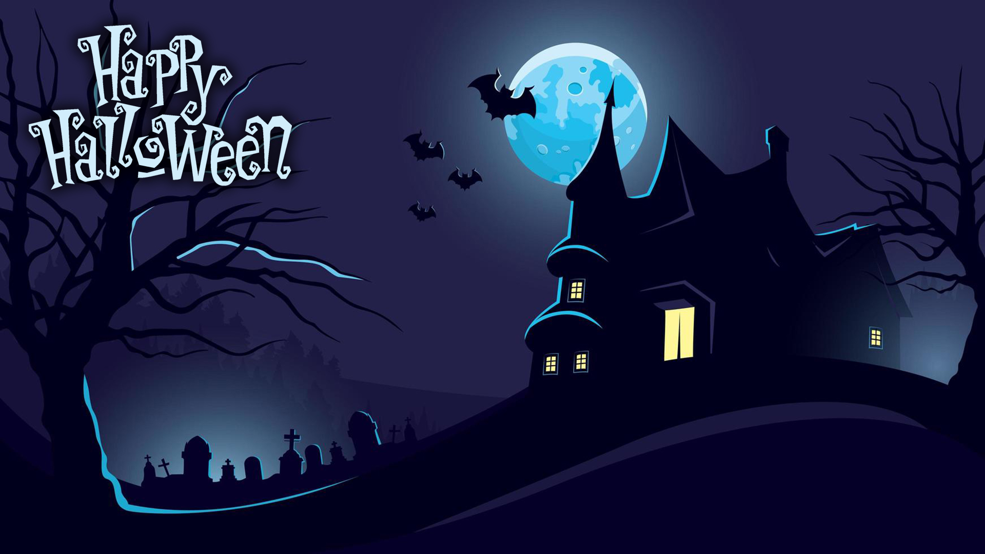 Halloween casa assombrada à noite. Fundo virtual gratuito para Zoom, Microsoft Teams, Skype, Google Meet e WebEx ou qualquer outra aplicação compatível.