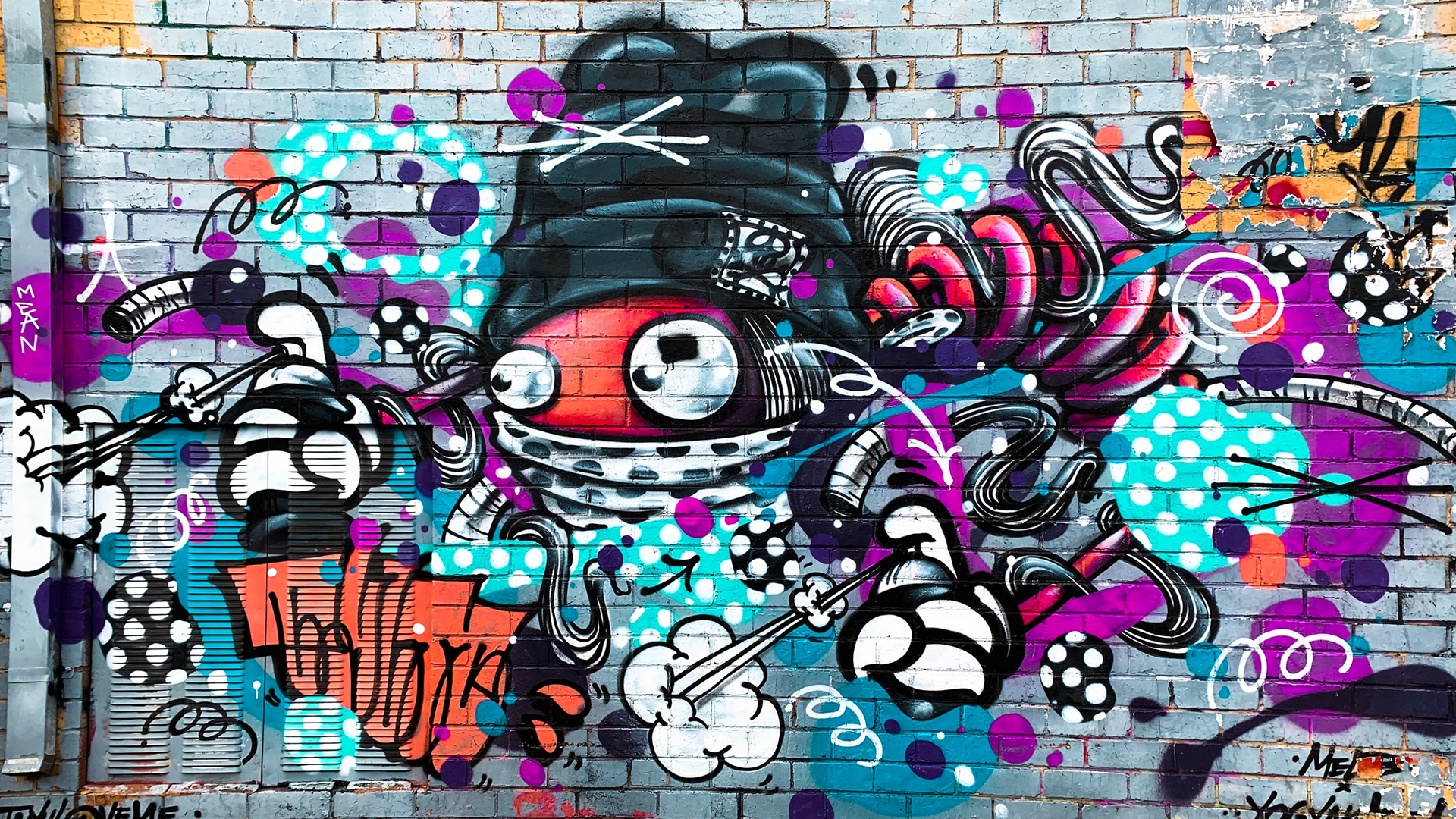 Parede de graffiti colorida. Fundo virtual gratuito para Zoom, Microsoft Teams, Skype, Google Meet e WebEx ou qualquer outra aplicação compatível.