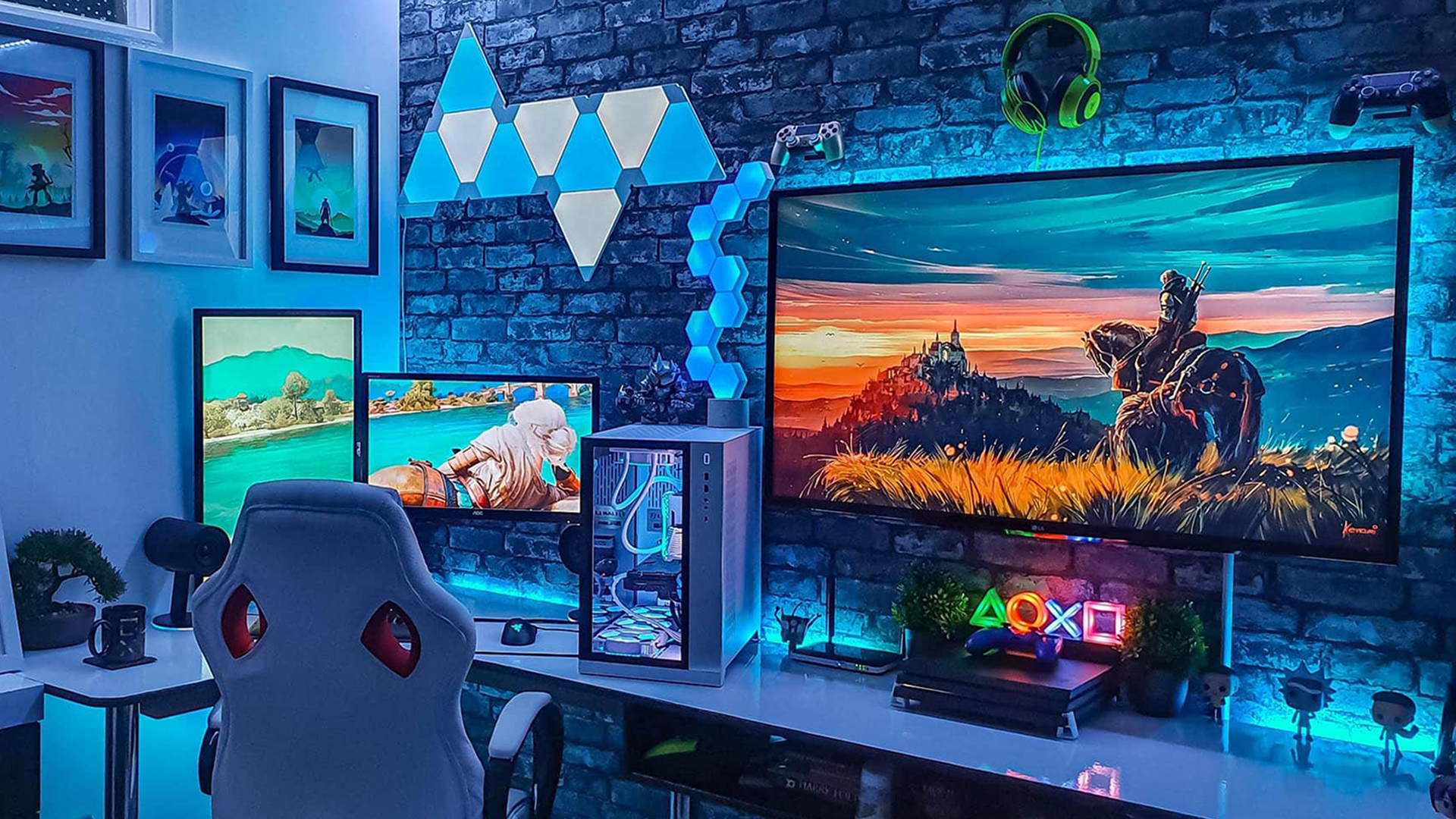 Setup de sala de gaming iluminado. Fundo virtual gratuito para Zoom, Microsoft Teams, Skype, Google Meet e WebEx ou qualquer outra aplicação compatível.