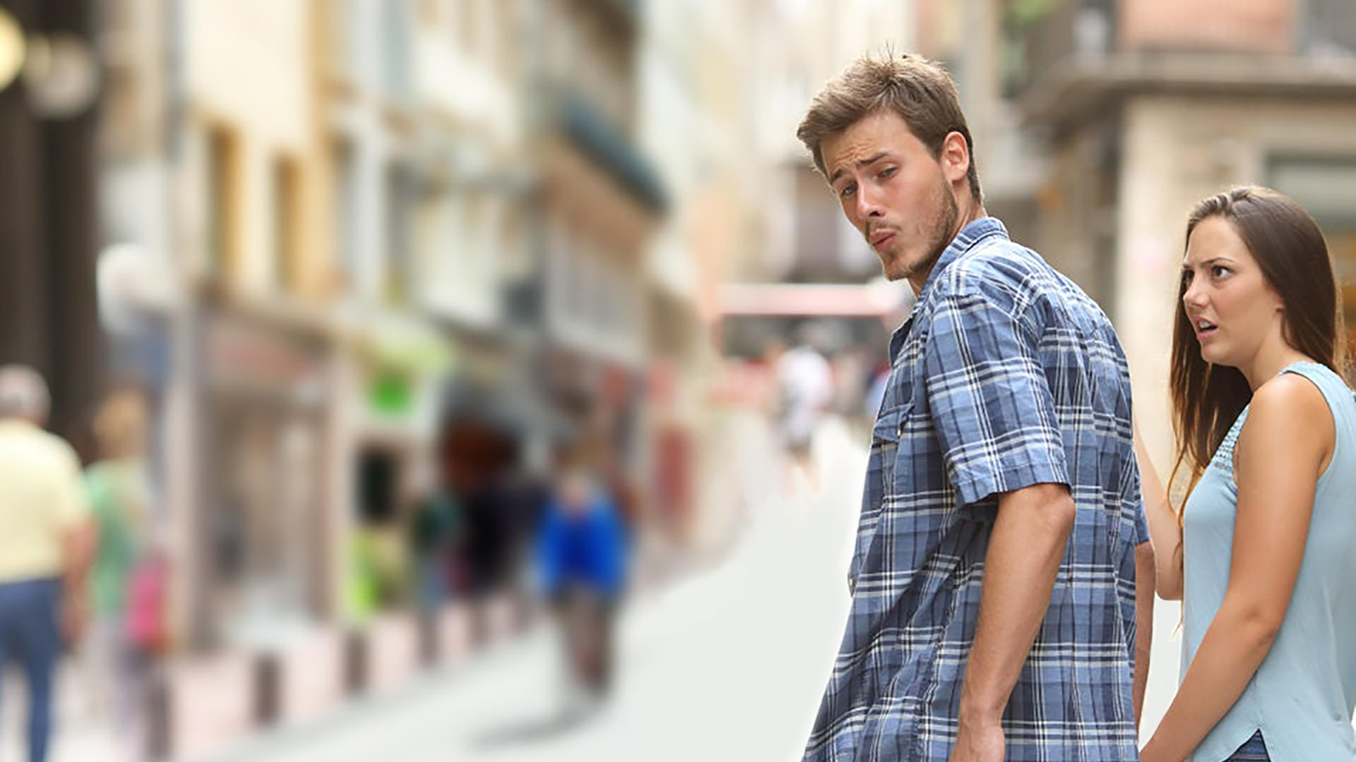 Distracted boyfriend meme. Virtual background to use on Zoom, Microsoft Teams, Skype, Google Meet, WebEx or any other compatible app.
