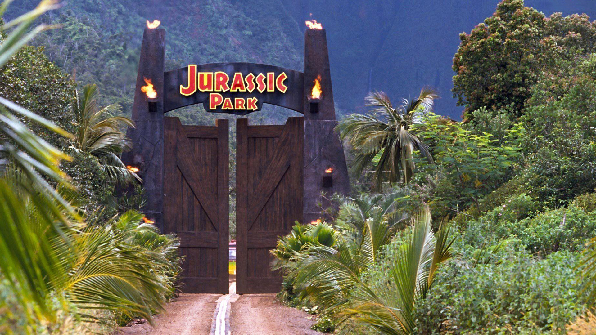 Jurassic Park main gate. Virtual background to use on Zoom, Microsoft Teams, Skype, Google Meet, WebEx or any other compatible app.