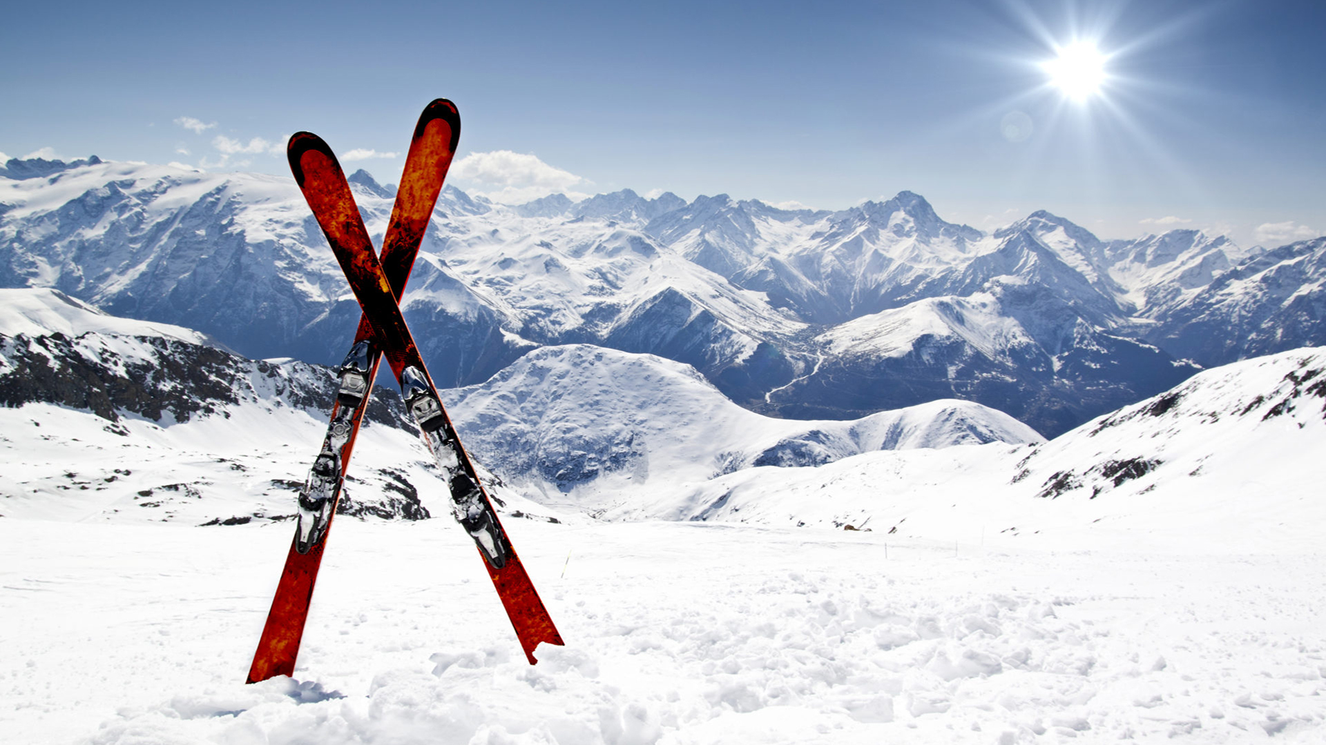 Skiing with a view over the mountains. Virtual background to use on Zoom, Microsoft Teams, Skype, Google Meet, WebEx or any other compatible app.