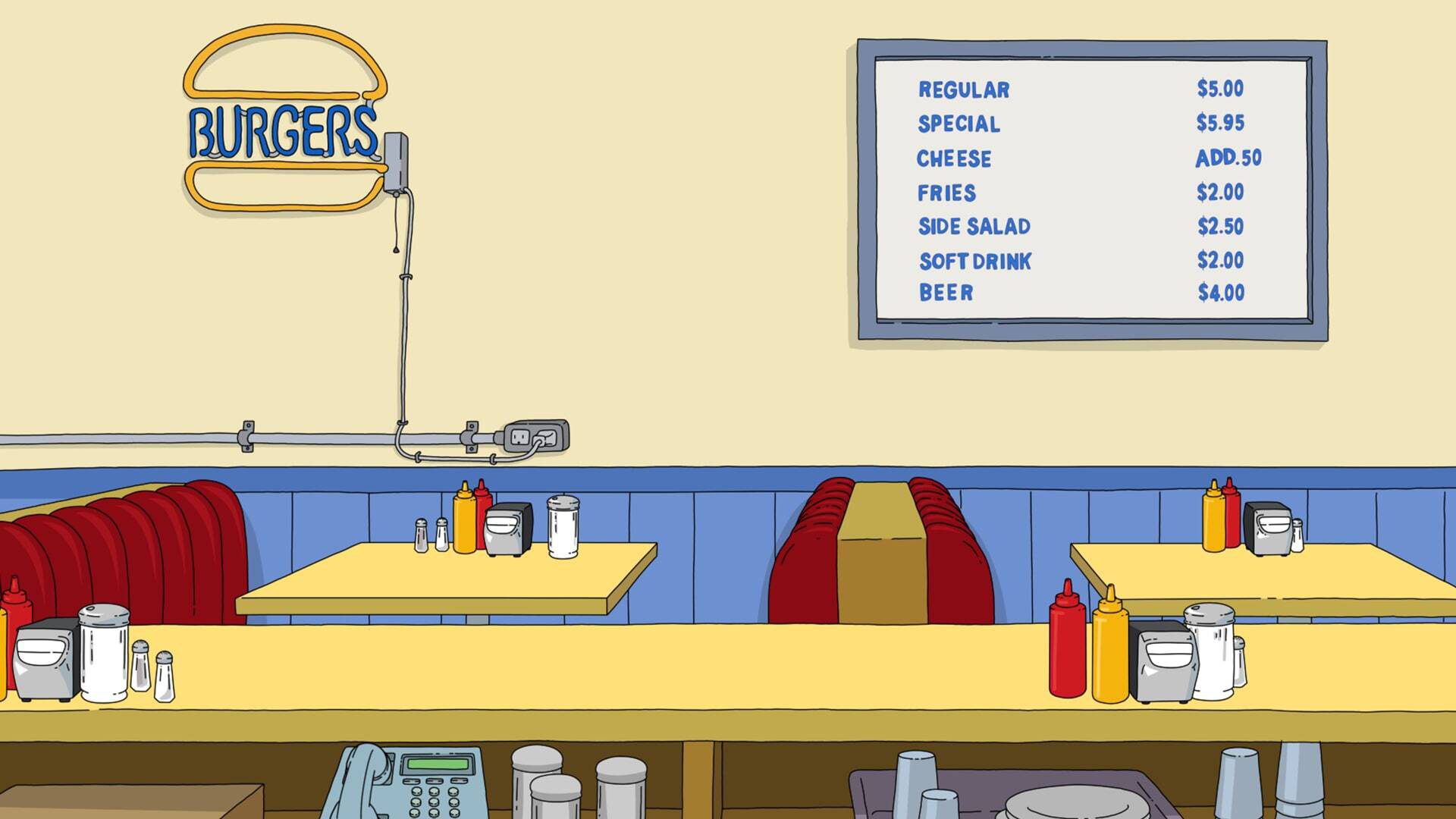 Bob's Burgers behind the counter. Virtual background to use on Zoom, Microsoft Teams, Skype, Google Meet, WebEx or any other compatible app.